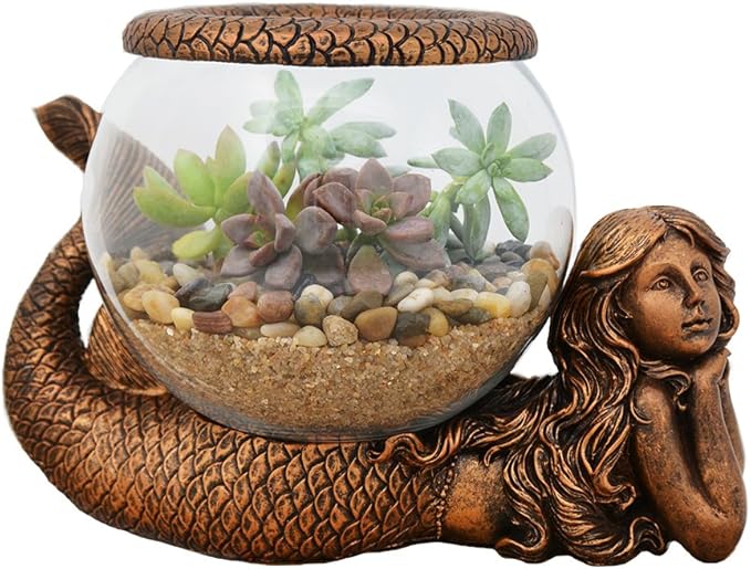 Mystical Mermaid Decorative Fish Bowl – 1 Gallon Glass Aquarium, Terrarium, or Candle Holder | Gold Antiqued Mermaid Figurine with Bowl, Accent Ring & River Rocks – Tabletop Home Décor Gift