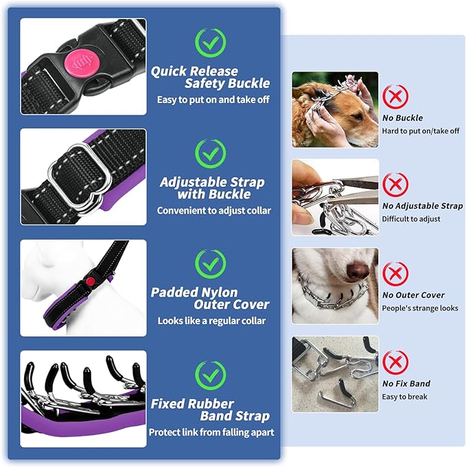 Martingale No Pull Dog Collar - Heavy Duty Nylon with Buckle, Adjustable Anti Pull Reflective Slip for Large Medium Small Dog Training Walking L Purple