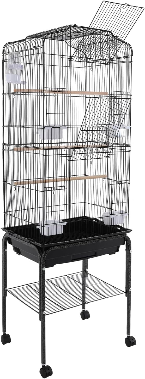 Bird Cage with Wheels, Breeding Cage Wrought Iron Flight Cage with Wooden Stand, Removable Tray & Feeding Bowls for Parrots, Canaries, Lovebirds Finches, 18" L x 14.6" W x 54" H