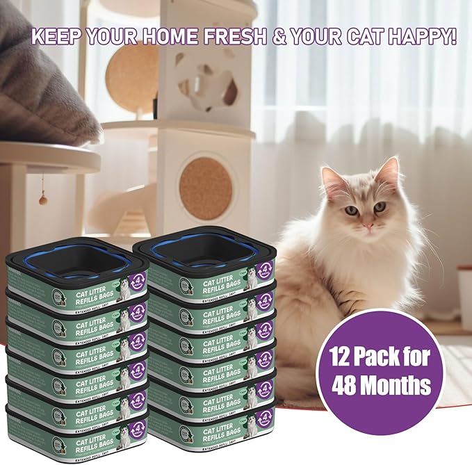 Cat Litter Refill Bags Cartridge 28FT, Compatible with Litter Cat Genie Standard, Plus, XL, XL+ Pail Refills, 7-Layer Odor Control Pet Waste Bags 12 Packs
