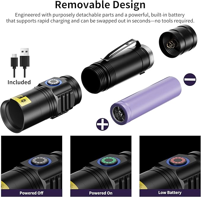365nm UV Flashlights Rechargeable, Blacklight with USB-C Cord for Pet Urine, Resin Curing, Carpet Stains, Scorpions, and Bed Bug Inspection