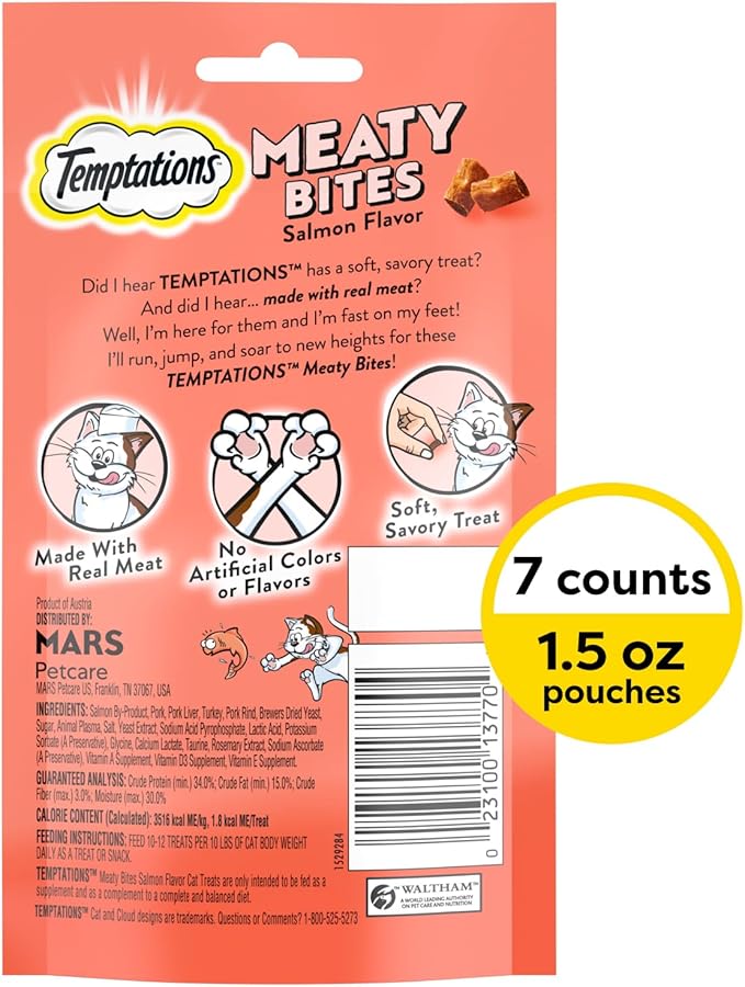 Temptations Meaty Bites Savory and Soft Cat Treats, Salmon Flavor, 1.5 oz. Pouch (Pack of 7)
