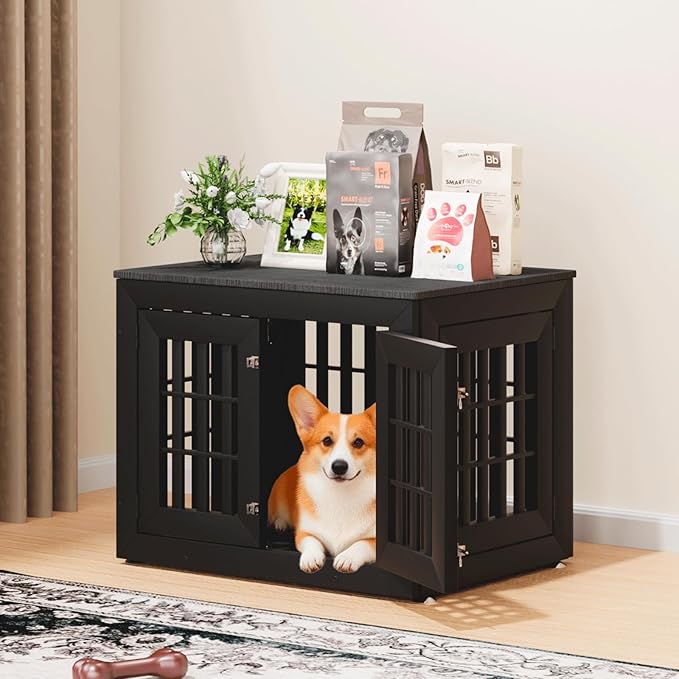 32" Heavy Duty Dog Crate Furniture for Small,Medium and Large Dogs,Rustic Wooden Dog Cage Kennel Indoor Furniture with Waterproof Top,Decorative Pet House Side End Table (Black)
