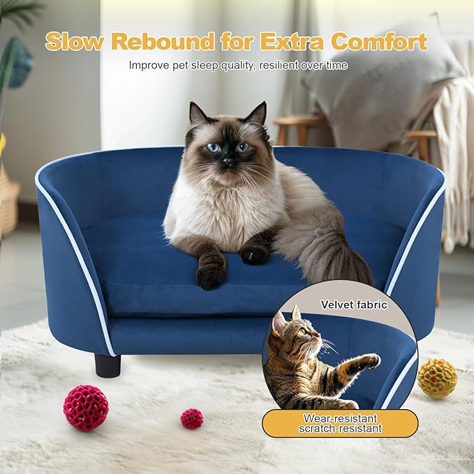 27'' Pet Sofa Bed for Small Dogs and Cats with Soft Cushion, Removable Cover, Anti-Slip Pads, Blue