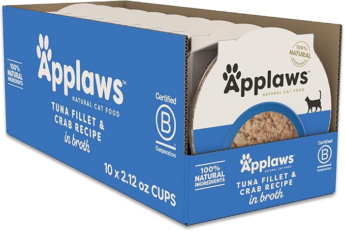 Applaws Natural Wet Cat Food in Broth, Limited and Natural Ingredients, High Protein with No Artificial Additives, Tuna Fillet & Crab in Broth (10 x 2.12 oz Easy-Open Cups)