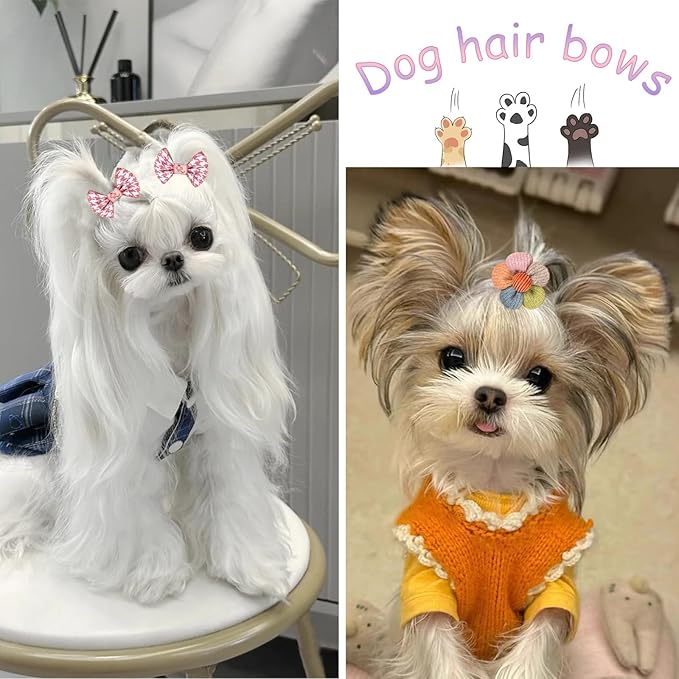 20 Pcs Small Dog Hair Bows with Rubber Bands Handmade Puppy Hair Bows Cute Grooming Flower Ball Bowknot Top Knot Dog Hair Accessories Hair Ties for Yorkie Maltese Pet (Pink) ﻿