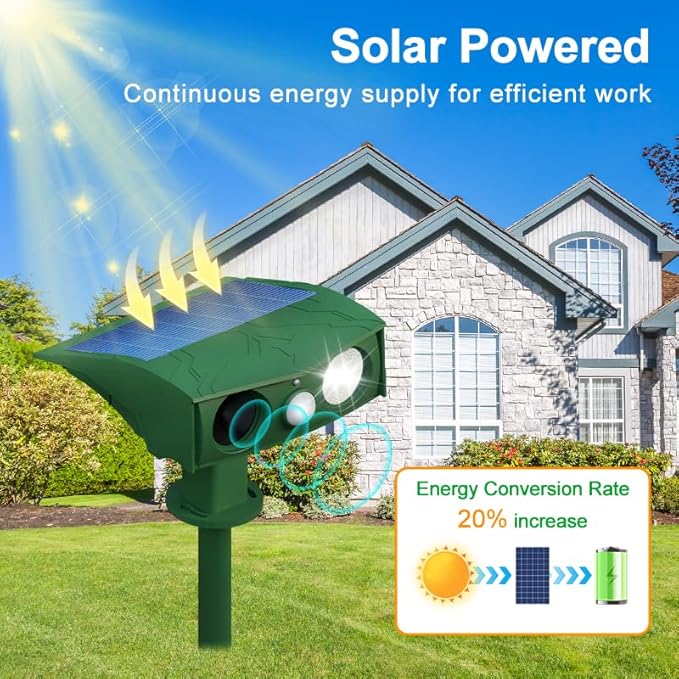 Animal Repellent Solar Powered Ultrasonic Animal Repeller Motion Sensor and Flash Light Outdoor Weatherproof Farm Garden Lawn for Cat Dog Coyote Bird Skunk Snake Raccoon Rabbit Squirrel (1 Pack)