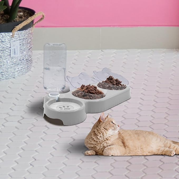 Triple Cat Bowls - 3-in-1 Water Feeder & Food Bowls with Automatic Water Bottle, Whisker Friendly, Elevated Feeding Dishes for Small Cats & Puppies (Lead White)
