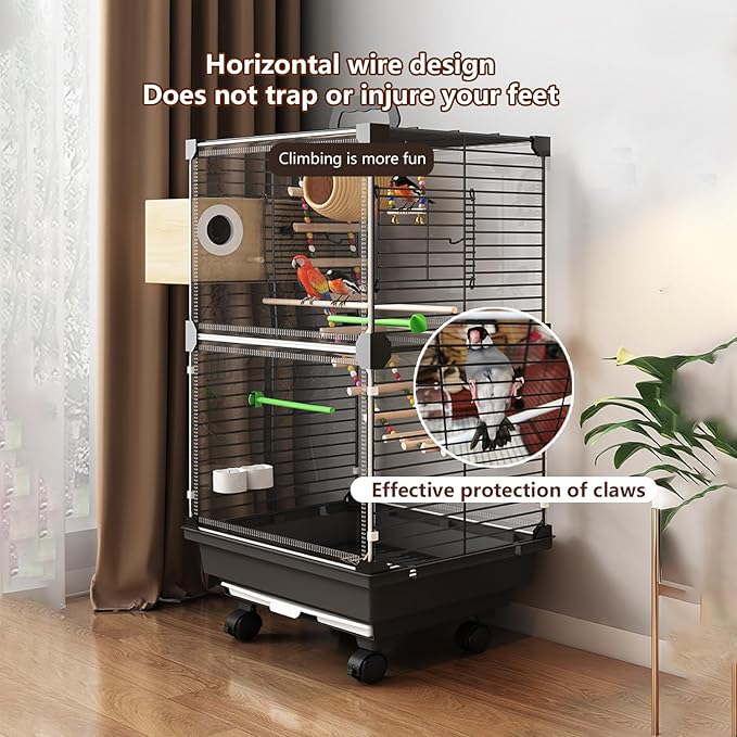 Bird Cage,Large Parrot Cage with Acrylic Doors, 3-Tier Movable Birdcage Parakeet Cage w/Wheels, 360° View Spacious Interactive Bird House (White, with breeding Box)