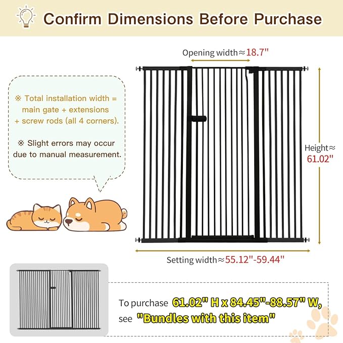 Lumizone Extra Tall Cat Gate 61.02" High Pressure Mounted Extra Wide 2025 New (17 Sizes) 1.37" Gap No Drilling Auto-Close One-Handed Operation Tall Pet Gate for Dogs(Black, 61.02" H x 55.12"-59.44" W)