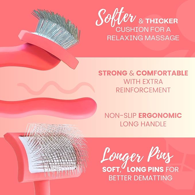 Pet Slicker Brush With Soft Massage Grooming Stainless Steel Pins - For Dematting, Shedding Fur, and Undercoat - Ideal Gift for Professional Pet Groomers - Long Slicker Brush (Coral, Flat Medium)