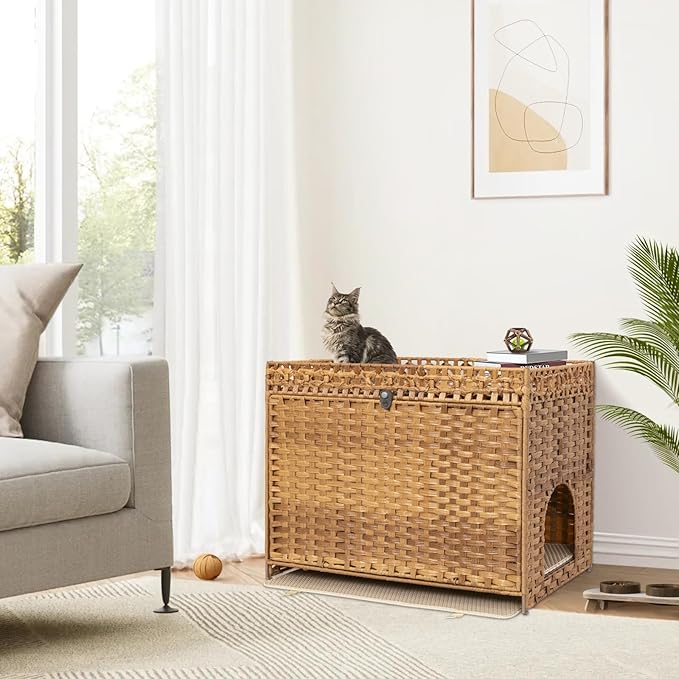 Cat Litter Box Enclosure Furniture Hidden with Soft Mat,Handwoven Rattan Cat House with Door for Large Cats Stylish Hidden Washroom Furniture for Living Room, Bedroom, or Balcony,Natural