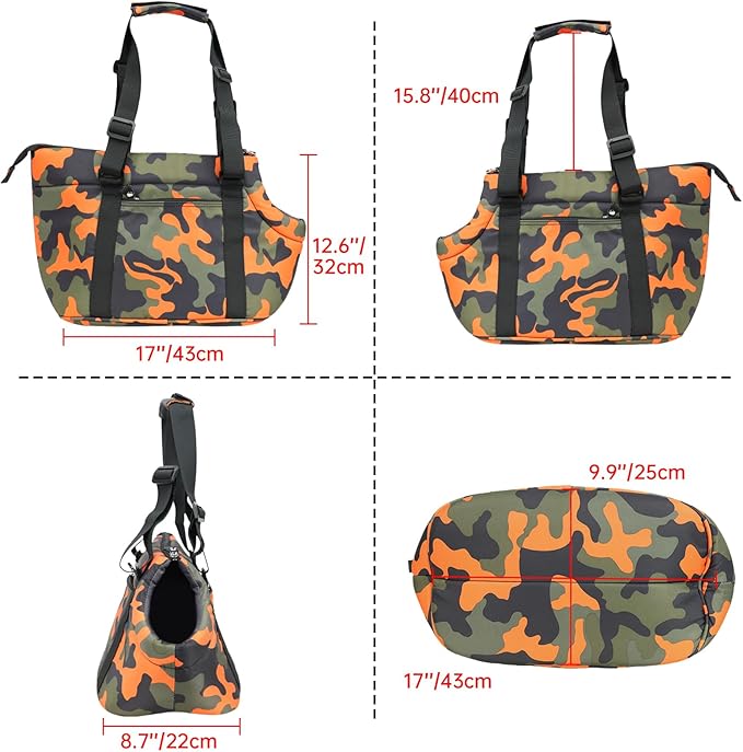 Premium 10mm Padded Dog Purse Carrier for Large Dog, Pet Tote Bag Shoulder Carrying Purse for Dog/Cat Below 7kg/15.5lbs - Camouflage Orange
