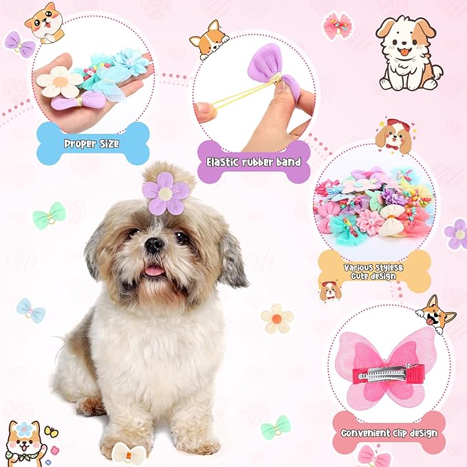 70 Pcs Dog Hair Bows Bulk Cute Flower Butterfly Crown Pearl Puppy Hair Clips Pastel Macaron Pet Accessories for Dog Cat Holiday Party Birthday Grooming