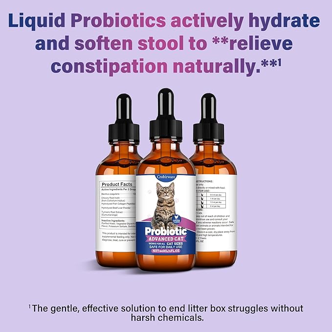 Liquid Probiotics for Cats with Prebiotics & Collagen, Digestive Health Supplement for Constipation, Diarrhea Relief & Immune Support, Skin and Coat Stool Softener, Chicken Flavor, 2 fl oz