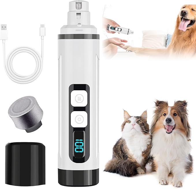 Pet Nail Grinder Cordless, 2025 Upgraded Rechargeable Dog Nail Trimmer with LED Light 3 Speeds, Dogs and Cats Pet Paws Grooming Tool with Replacement Grinding Heads