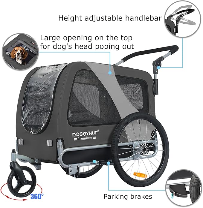 DOGGYHUT® Premium Large/XL Pet Bike Trailer & Stroller for Large Sized Dog or Multiple Small Dogs,Low Center of Gravity,Parking Brakes,Easy Folding Frame,Bicycle Carrier