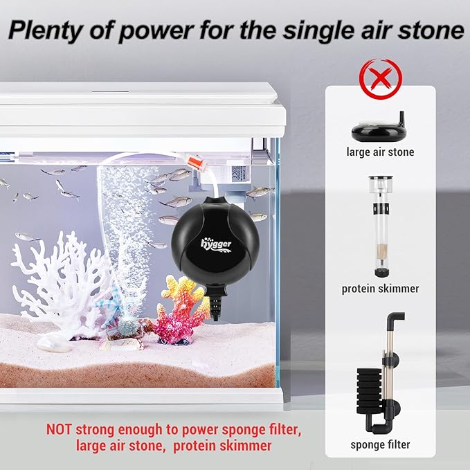 hygger Quiet Mini Air Pump for Aquarium 1.5 Watt Oxygen Fish Air Pump for 1-15 Gallon Fish Tank with Air Stone Air Tubing Clip Black