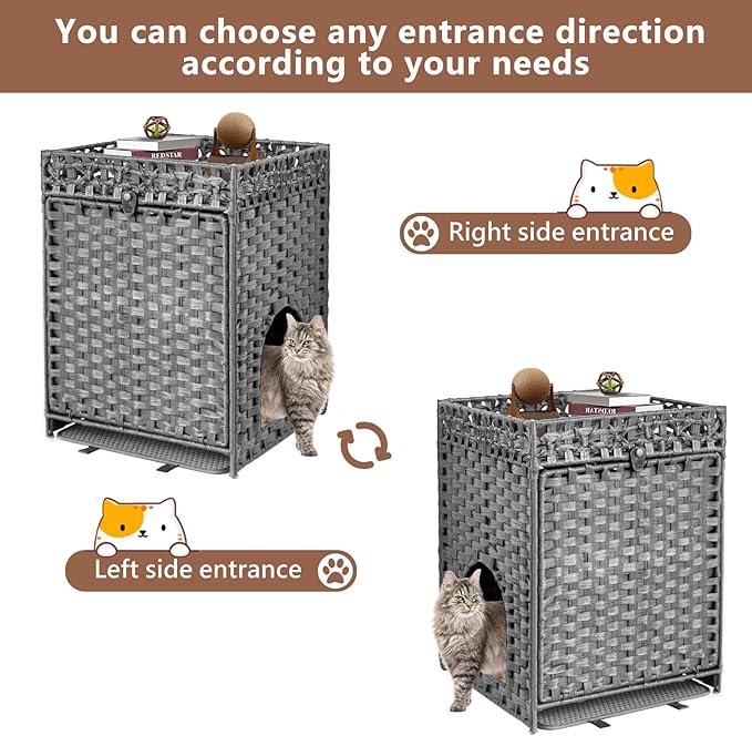 KOUSEI Handwoven Rattan Cat Litter Box Enclosure Furniture - Hidden Indoor Pet House with Door & Mat, Discreet Washroom Cabinet for Living Room and Bedroom, Grey
