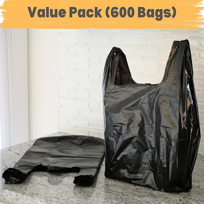 T-shirt Biodegradable Black Plastic Bag (600 ct.) Small Can Liners Thank You Grocery Shooping Size Doggy Poop Bags Compatible with Arm & Hammer Swivel Bin & Rake pooper scooper Multipurpose Bags