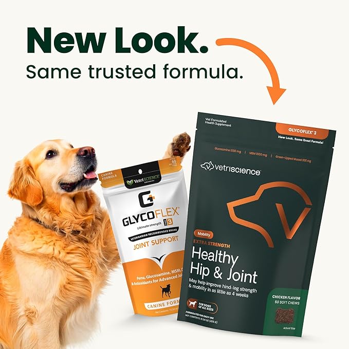 VetriScience Extra Strength Healthy Hip & Joint Chews, GlycoFlex Glucosamine and Green-Lipped Mussel Joint Support Supplement for Dogs, Chicken, 60 Count (Pack of 2)