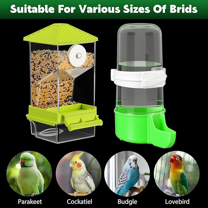 Yaomiao 4 Pcs No Mess Small Bird Feeders Automatic Parakeet Water Dispenser Clear Quail Feeder and Watered Cage Accessories for Small and Medium Parakeet Cockatiel Canary(Assorted,Green)