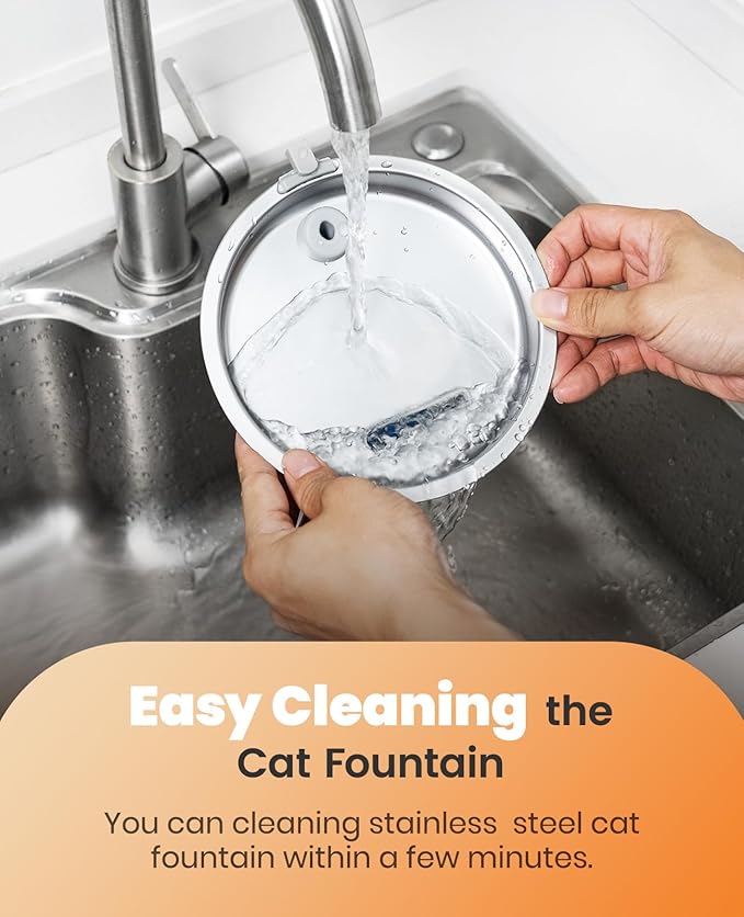 oneisall Stainless Steel Cat Water Fountain, 2L Water Fountains for Cats Indoor with Quiet Pump and 3 Replacement Filters, Pet Water Fountain Faucet Spout Design Cat Fountain Drinking Inside, PWF 001