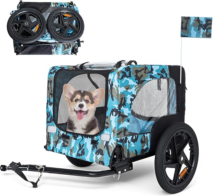 Anwick Dog Bike Trailer, Heavy Duty Dog Trailer for Bicycle, Cart Pet Bike Carrier with 3 Doors, 16" Wheels, Flag, Collapsible to Store, Pet Cart Bicycle Carrier for Small and Medium Pets