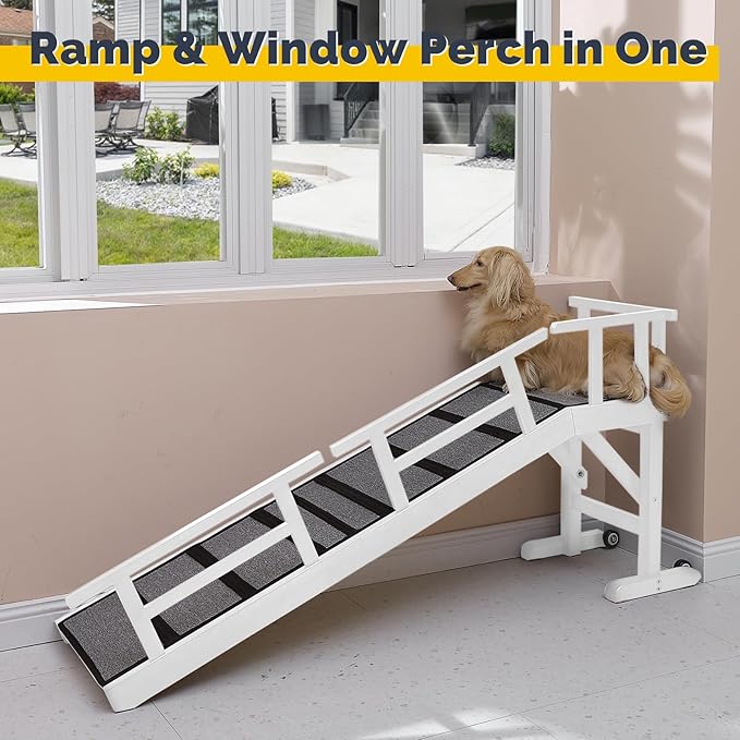 Dog Ramp for Bed or Couch, Wooden Pet Ramp with 20° Gentle Slope, Removable Side Rails, Non-Slip Surface, Top Platform & Wheels, Safe Bed Ramp for Small, Large & Senior Dogs, 60" Long, White