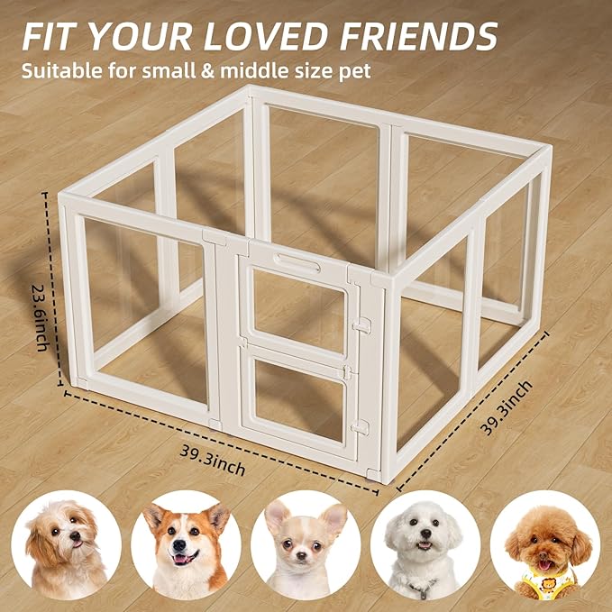 Clear Acrylic Dog Playpen Indoor,Transparent Dog Pen,Easy to Assemble and Clear pet Pen for Puppy Dog, Rabbit and cat,Sturdy and Easy to Clean Plastic pet Fence (White, 23.6" H, 8PCS)