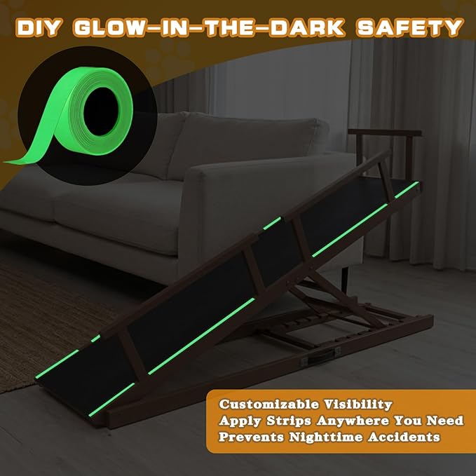 7 Adjustable Dog Ramp for Bed, Couch - 63" Foldable Birchwood Dog Ramp with Safety Rails, Non-Slip EVA Surface & DIY Glow in The Dark Strips, Wooden Pet Ramp for Large Dogs Supports 250Lbs