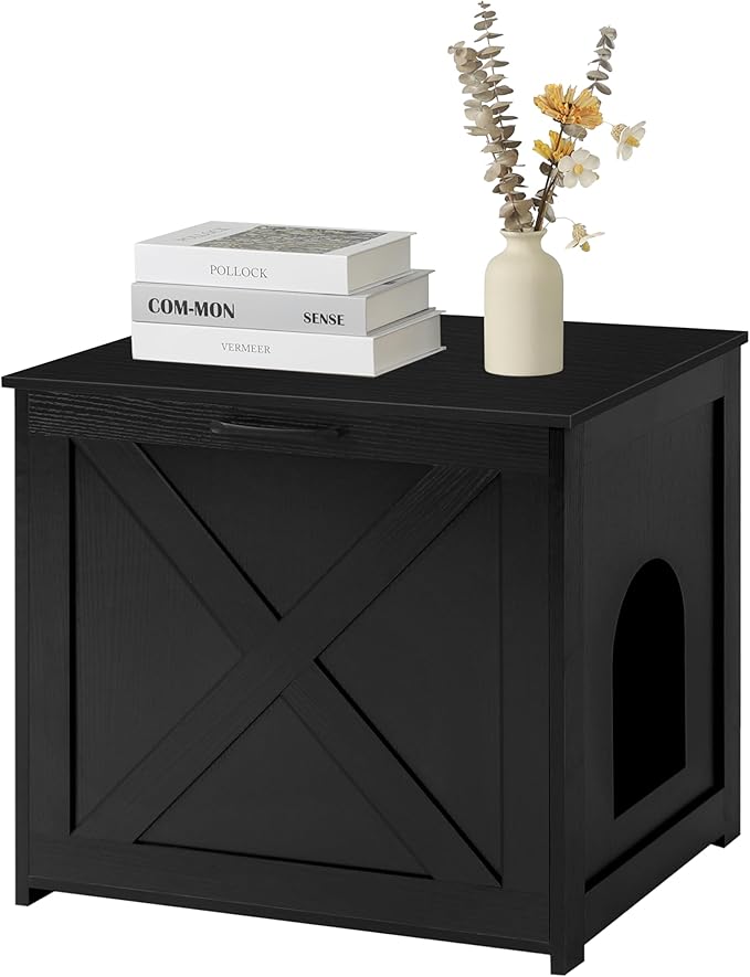 Dwanton Cat Litter Box Furniture Hidden, Cat Litter Box Enclosure, Reversible Entrance Can Be on Left or Right Side, Indoor Cabinet, Wooden Washroom, End Table, Nightstand, Black, 23.6" L