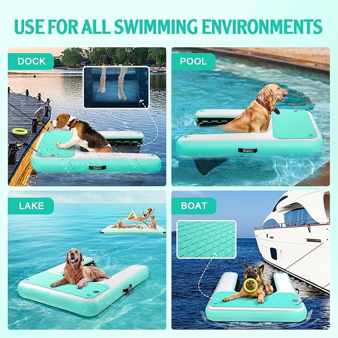 FBSPORT Inflatable Dog Boat Ramp Floating Dock Water Ladder for Pool, Boat, Non-Slip EVA Floating Ladder Pool Ramp for Dog Up to 220 LBs, Safe & Easy Access