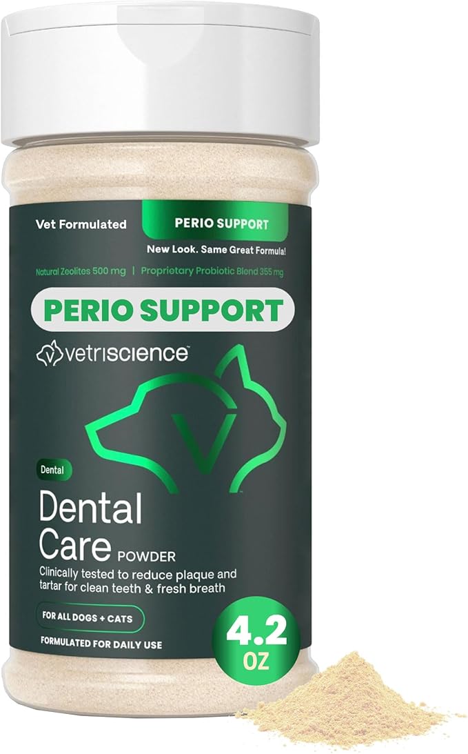 VetriScience Dental Care Powder for Dogs & Cats – Helps Reduce Plaque & Tartar Buildup, Support Clean Teeth & Fresher Breath, Clinically Tested, Vet-Formulated Oral Care Supplement, 4.2 oz