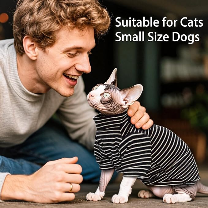 Sphynx Cat Sweater Hairless Cat Clothes Sweater Shirt Soft Warm Long Sleeves Pullover Pet Clothes Pajamas Dog Cloth for Small Dogs Jumpsuit Pet Sweaters (B&W Striped, XX-Large)