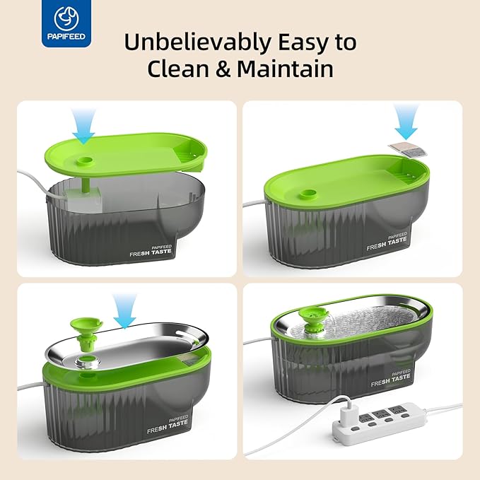 Cat Water Fountain Stainless Steel with a Silicone Mat, 84oz/2.5L Automatic Cat Water Fountain with Water Level Window and LED Light, Quiet Low Power Cat Water Bowl & Cat Water Dispenser (Green)