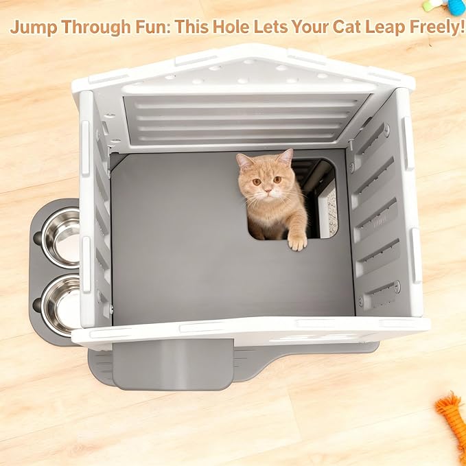 Outdoor Cat House with Insulated Liner, Weatherproof for Feral Multi Cat, 2 Story Plastic Elevated Cat Shelter with Escape Door, Scratching Post, Stainless Steel Bowl, Green 35" D x 15" W x 20" H