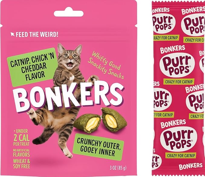 Bonkers Cat Treats, Catnip Chick'n Cheddar Flavor, 3 oz Pack with Catnip Purrpop Sample