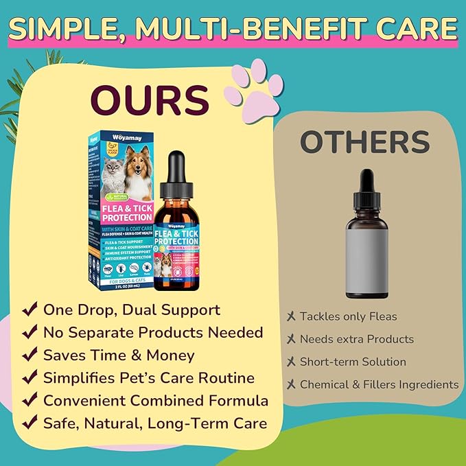 Flea Defense + Skin & Coat Support, Natural Flea and Tick Prevention for Dogs & Cats, Dog & Cat Flea Treatment with Pumpkin Seed & Omega-3/6/9, Flea Drops for All Breeds & Ages, Chicken Flavor