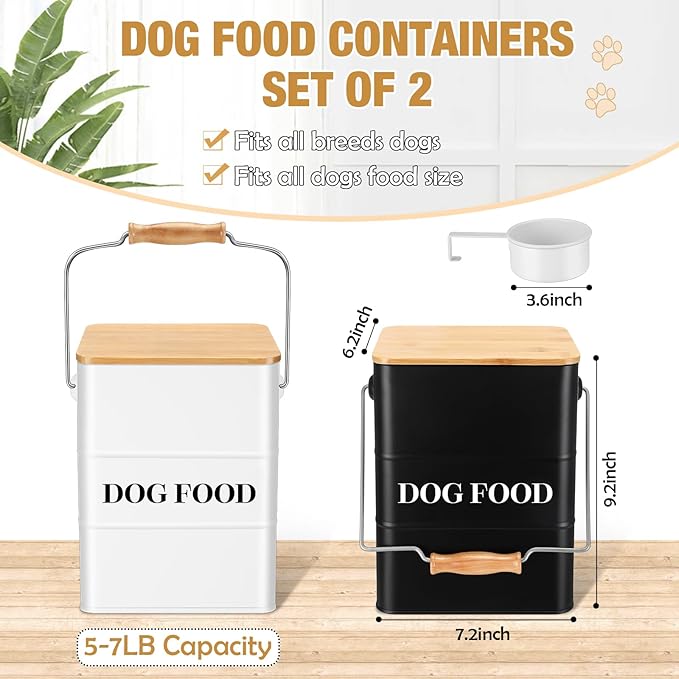 Tioncy 2 Pcs Metal Dog Food Storage Containers Total 10-14 Lbs (50 Cup) Capacity, Airtight Pet Food Canister with Bamboo Lids Scoop DIY Labels Dog Treat Storage Jars for Kitchen Counter(Black，white)