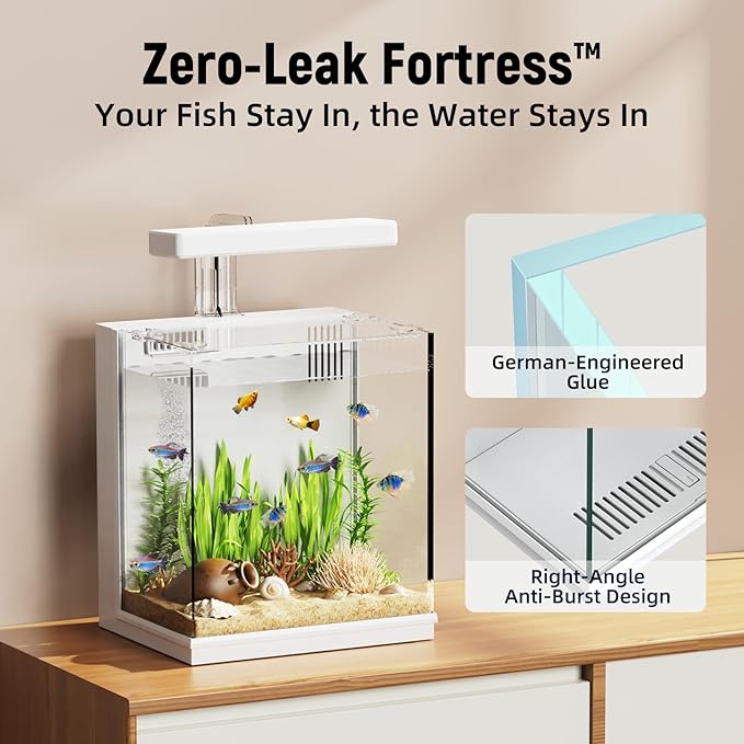 2-Gallon All-in-One Fish Tank – Silent Pump, 3-Stage Filtration & Easy Water Change, Perfect Self-Care Betta Aquarium Kit for Kids & Beginners (White