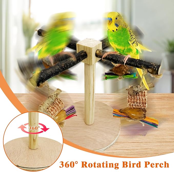 Rotating Bird Perch Stand Toy Natural Wooden Parakeet Toys with Edible Chew Toy Interactive Spinning Toy Bird Cage Accessories for Parakeets Budgies Conures Cockatiels Lovebirds Finches