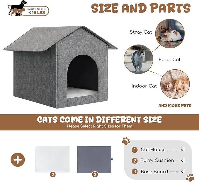 Outdoor Cat House Weatherproof, Insulated Cat Dog Houses for Outdoor/Indoor Cats for Winter, Waterproof Feral Stray Cat Shelter with Warm Cushion for All Seasons, Easy to Assemble, Grey