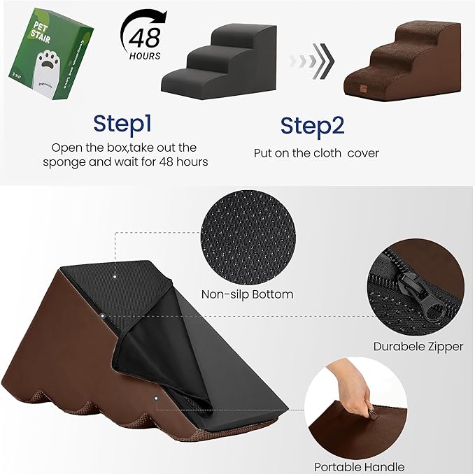 gogobunny Ramp Cat Dog Stairs for Beds, Cat Slope Stairs with Durable Waterproof Fabric Cover, Pet Steps for Old Large Dogs Climbing (Brown, 4-Step (28.3" D x 15.7" W x 19.7" H), 4)