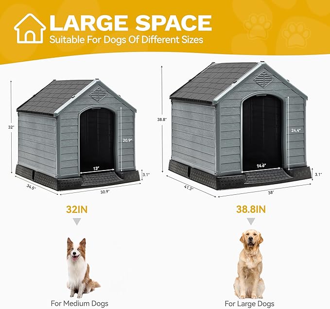 DWVO Plastic Dog House, Weatherproof Outdoor/Indoor Doghouse, Puppy Kennel with Air Vents and Elevated Floor