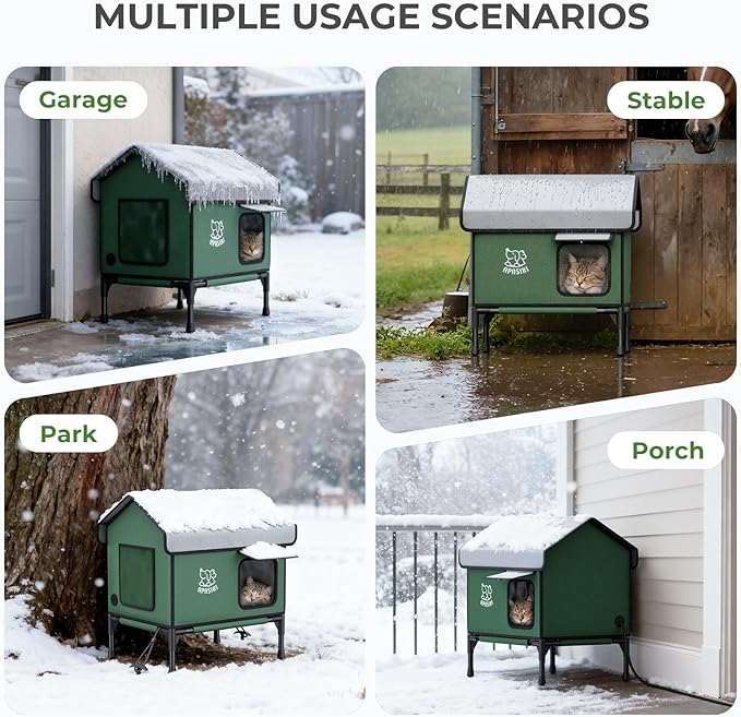 Apasiri Heated Outdoor Cat House Weatherproof - Insulated Cat Shelter with Thermostatic Heating Pad, Water Resistant 900D Oxford Feral Cat House with Anti-Peep Curtains Escape Door for Winter, Small