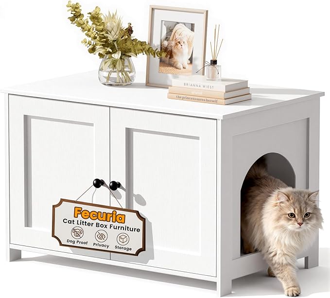 Cat Litter Box Enclosure Furniture Dog Proof, Hidden Kitty Washroom Cabinet Low Entry, Wooden Cat Boxes Enclosure Odor Control for Home, Farmhouse Style Decorative TV Stand with Storage, White