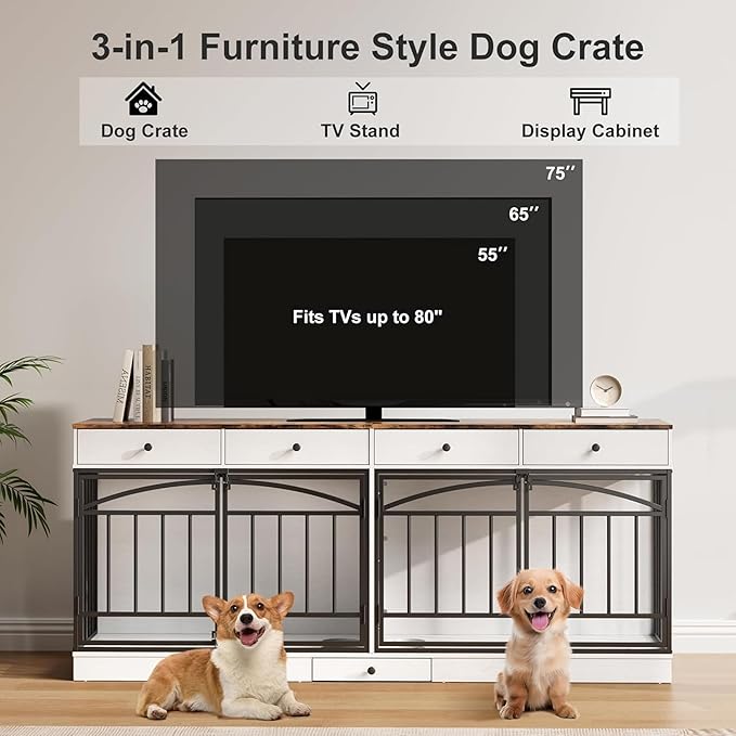 GAOMON Dog Crate Furniture for 2 Dogs, 78.7'' Large Dog Kennel Indoor with 4 Storage Drawers and Feeding Bowls, Double Dog Crate TV Stand for Small and Medium Dogs, White