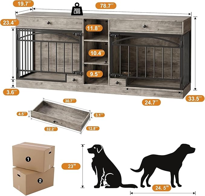 GAOMON Dog Crate Furniture for 2 Dogs, 78.7'' Large Dog Kennel Indoor with 2 Storage Drawers, 3 Shelves and Feeding Bowls, Double Dog Crate TV Stand for Small and Medium Dogs, Gray