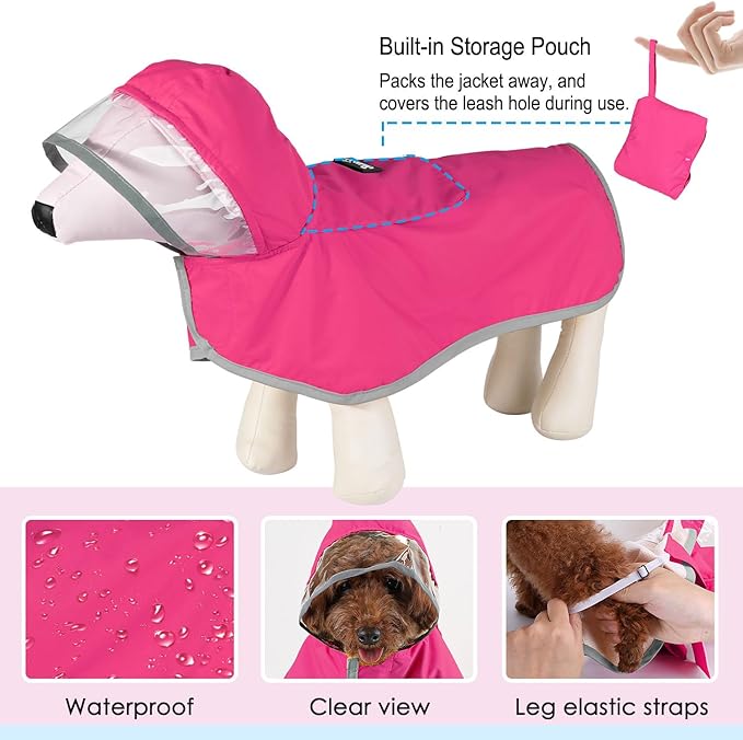 Lukovee Dog Raincoat, Adjustable Dog Rain Jacket with Clear Hooded Double Layer for Large Medium Small Dogs Puppies, Waterproof Rain Coat Poncho with Reflective Storage Pocket & Rim (Fuchsia, S)